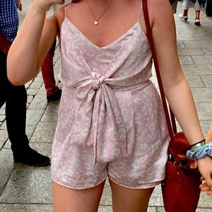 Light pink, satin, cheeta print romper with bow